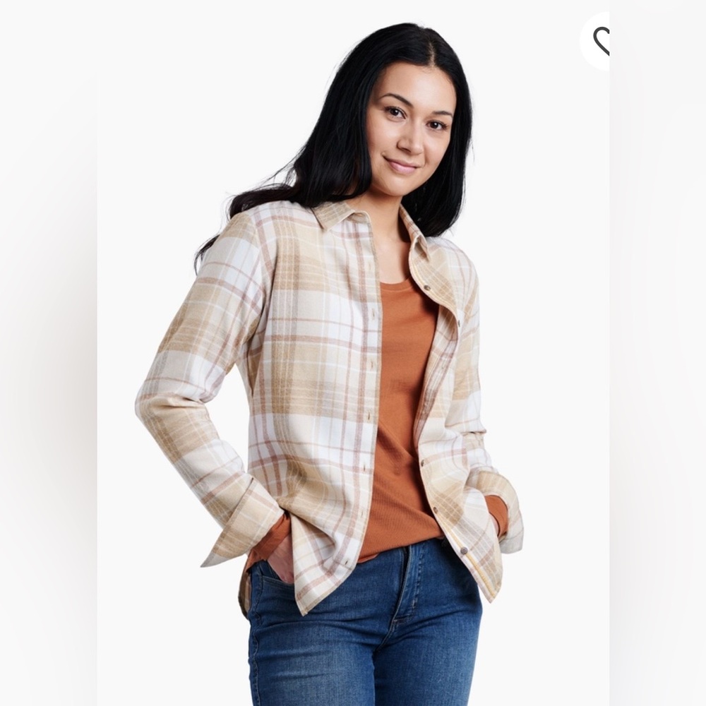 Kuhl Women’s Kamila Plaid Brushed Flannel Button Up Copper Cozy Outdoors Comfort